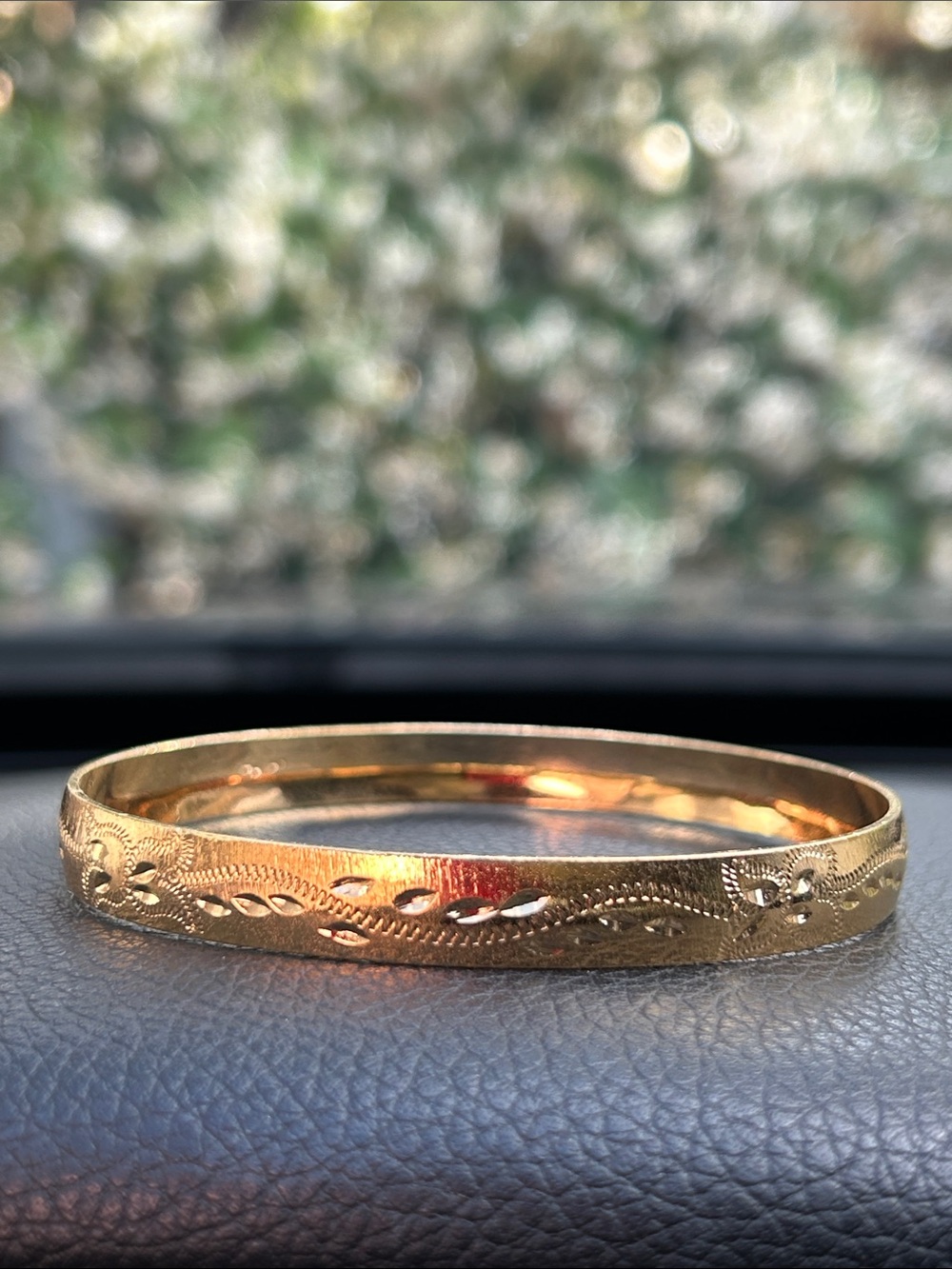 14K Gold Plated Floral Engraved Women's Bangle Bracelet 8”